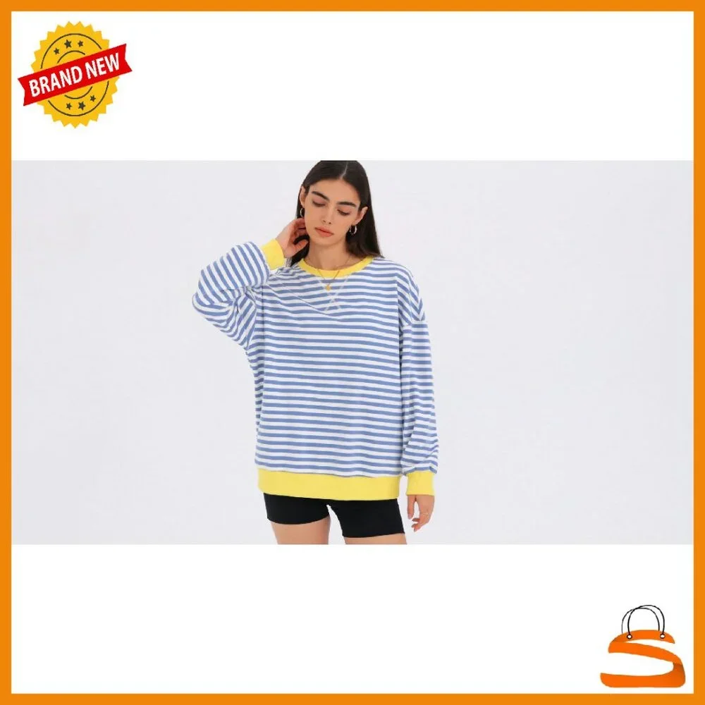 Oversized Striped Sweatshirt Crewneck Long Sleeve Pullover Top Y2K - Picture 8 of 8